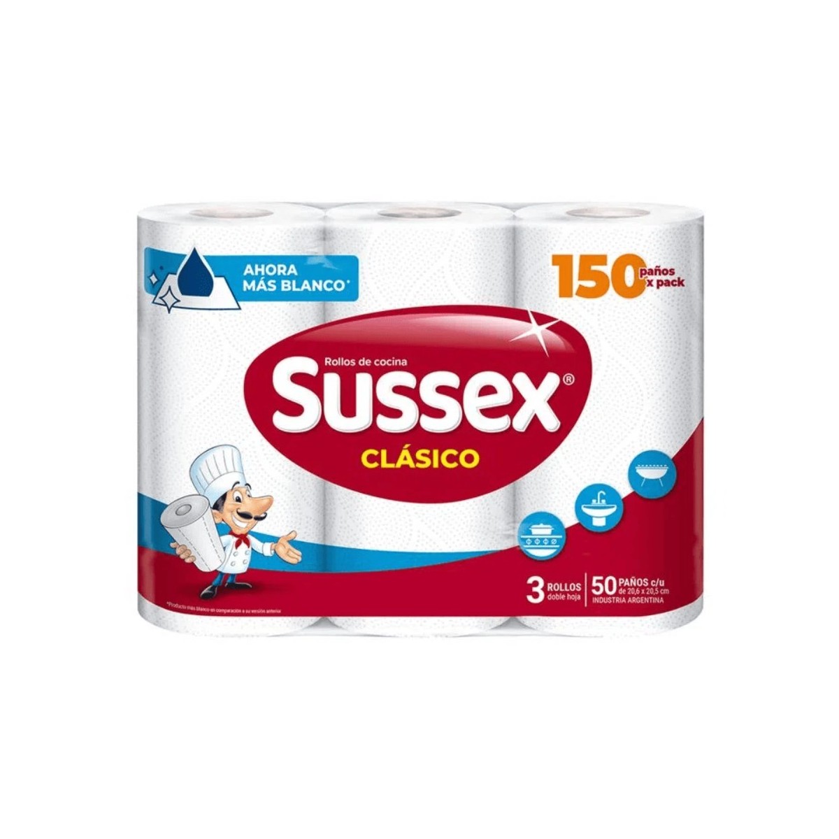 ROLLO DE COCINA SUSSEX CLÁSICO x3 50 PAÑOS CADA UNO (150 EN TOTAL)