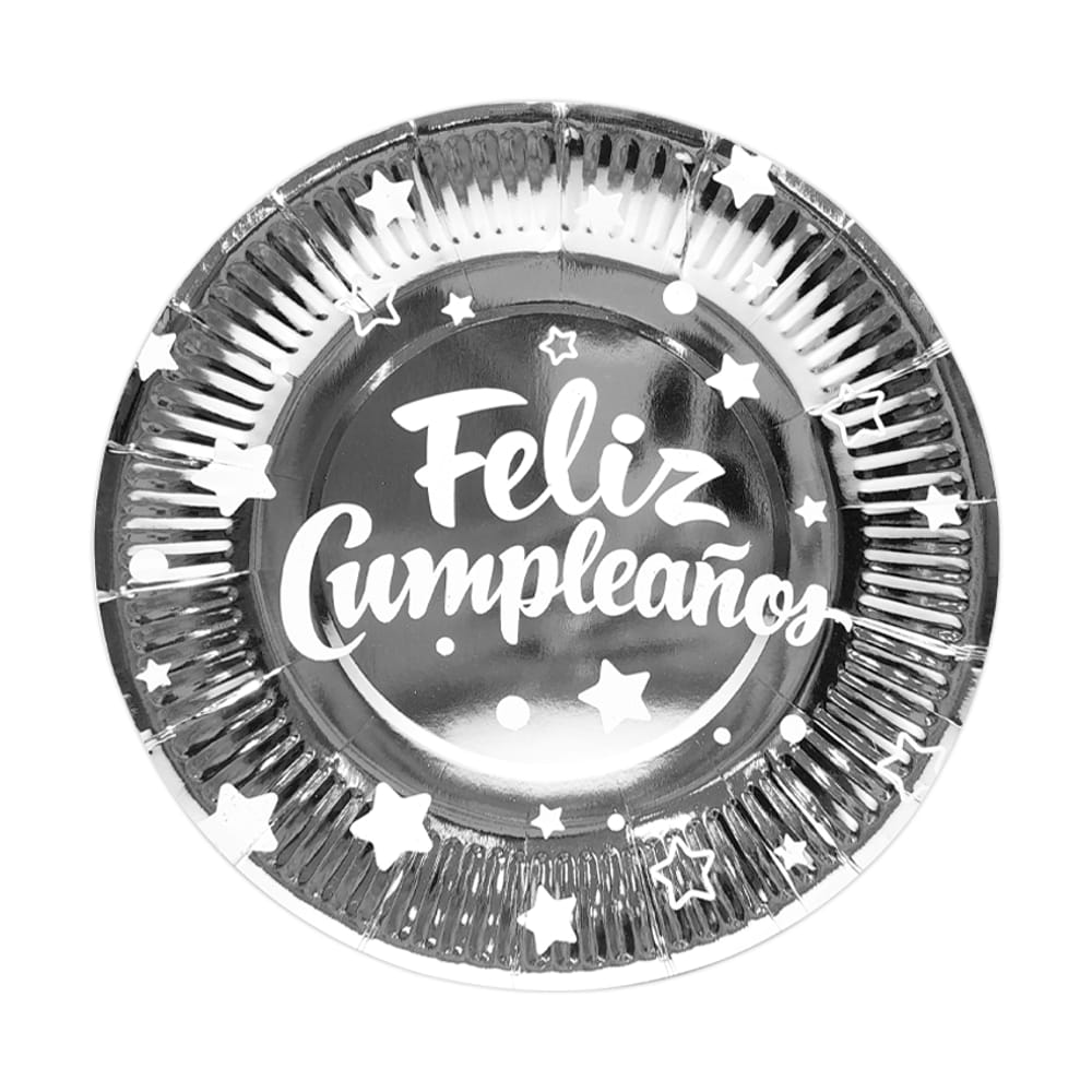 PLATO FELIZ CUMPLEAÑOS PLATEADO x10