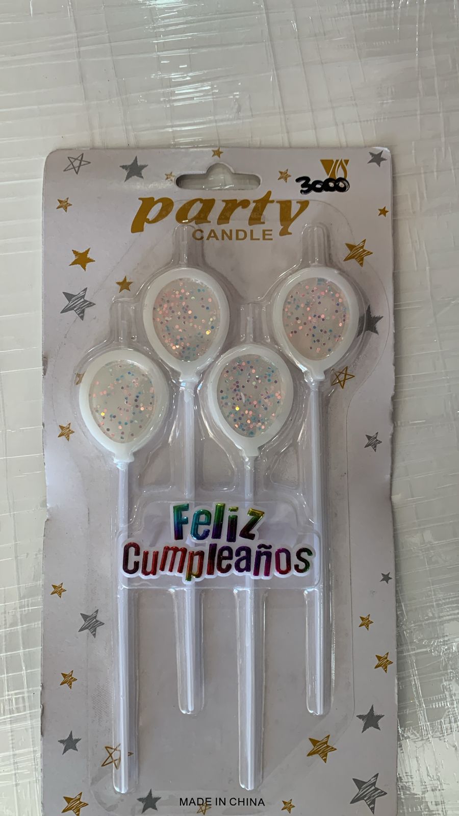 VELA GLOBO BLANCO CON BRILLITO (x4) Y FELIZ CUMPLEAÑOS