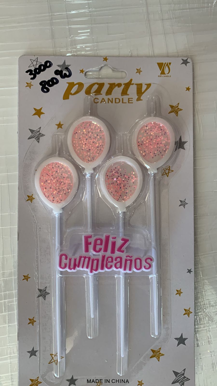 VELA GLOBO BLANCO CON BRILLITO ROSA (x4) Y FELIZ CUMPLEAÑOS