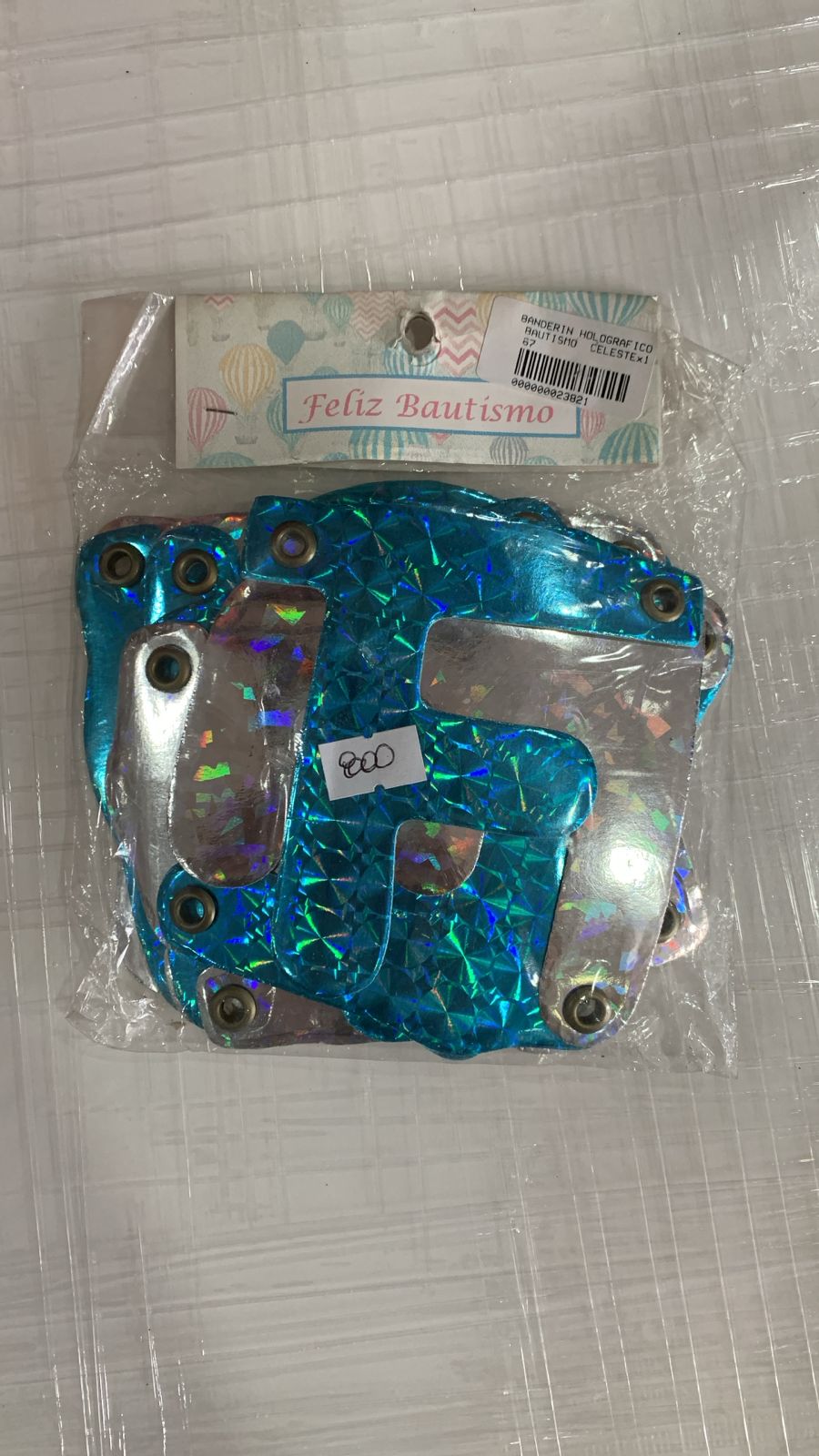 BANDERÍN HOLOGRÁFICO FELIZ BAUTISMO CELESTE