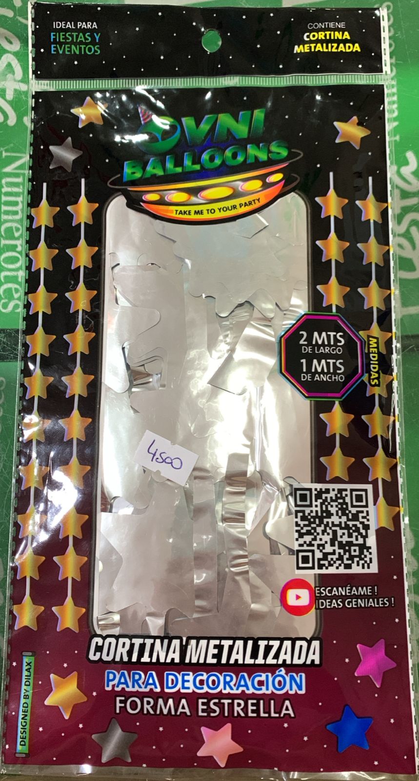CORTINA METALIZADA ESTRELLA PLATA 2 METROS DE LARGO x 1 DE ANCHO