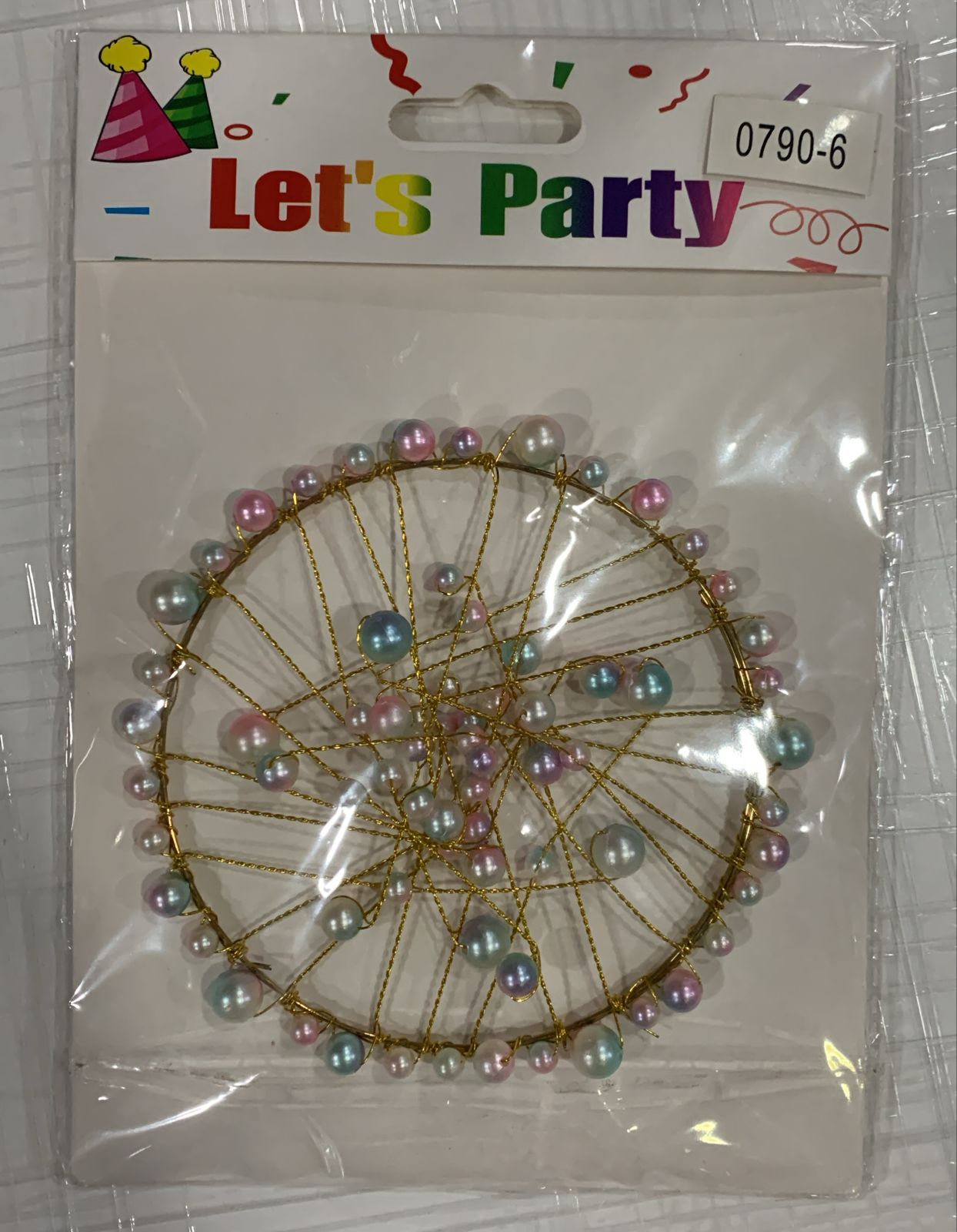 CORONA DE PERLAS ROSADAS Y CELESTES