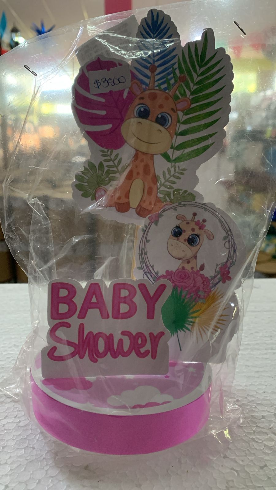 ADORNO CON BASE BABY SHOWER ROSA ANIMALITOS