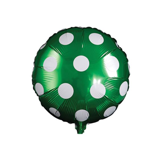 GLOBO METALIZADO REDONDO VERDE LUNARES BLANCOS 18" 46 CM