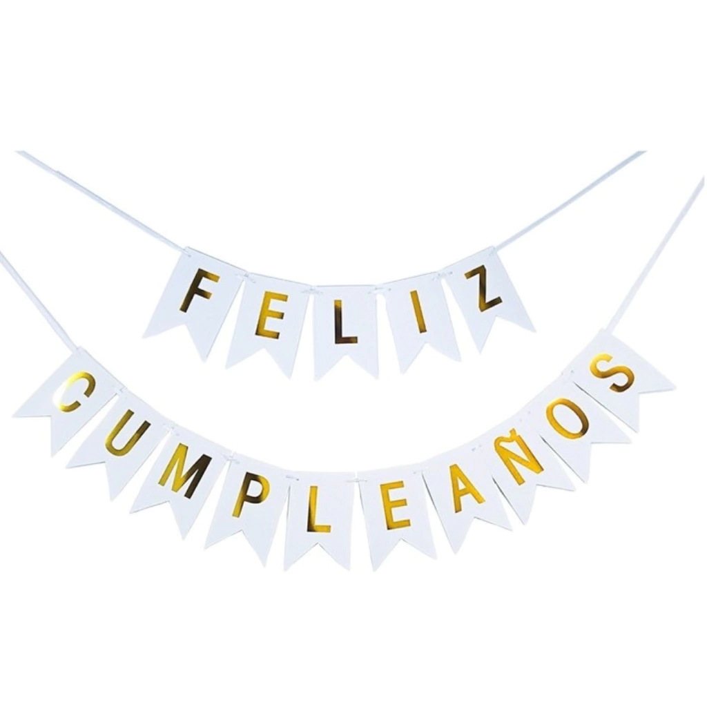 BANDERÍN METALIZADO FELIZ CUMPLEAÑOS BLANCO Y DORADO