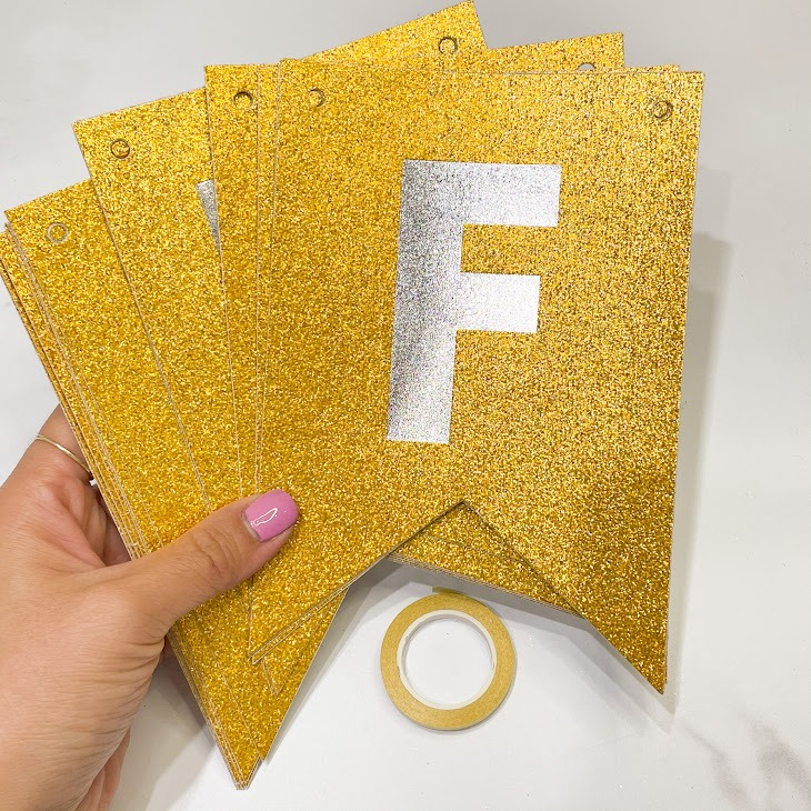 BANDERÍN METALIZADO FELIZ CUMPLEAÑOS GLITTER DORADO Y PLATEADO