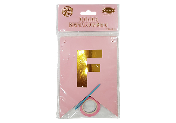 BANDERÍN METALIZADO FELIZ CUMPLEAÑOS ROSA Y DORADO