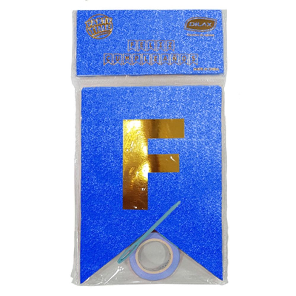 BANDERÍN METALIZADO FELIZ CUMPLEAÑOS AZUL CON GLITTER Y DORADO