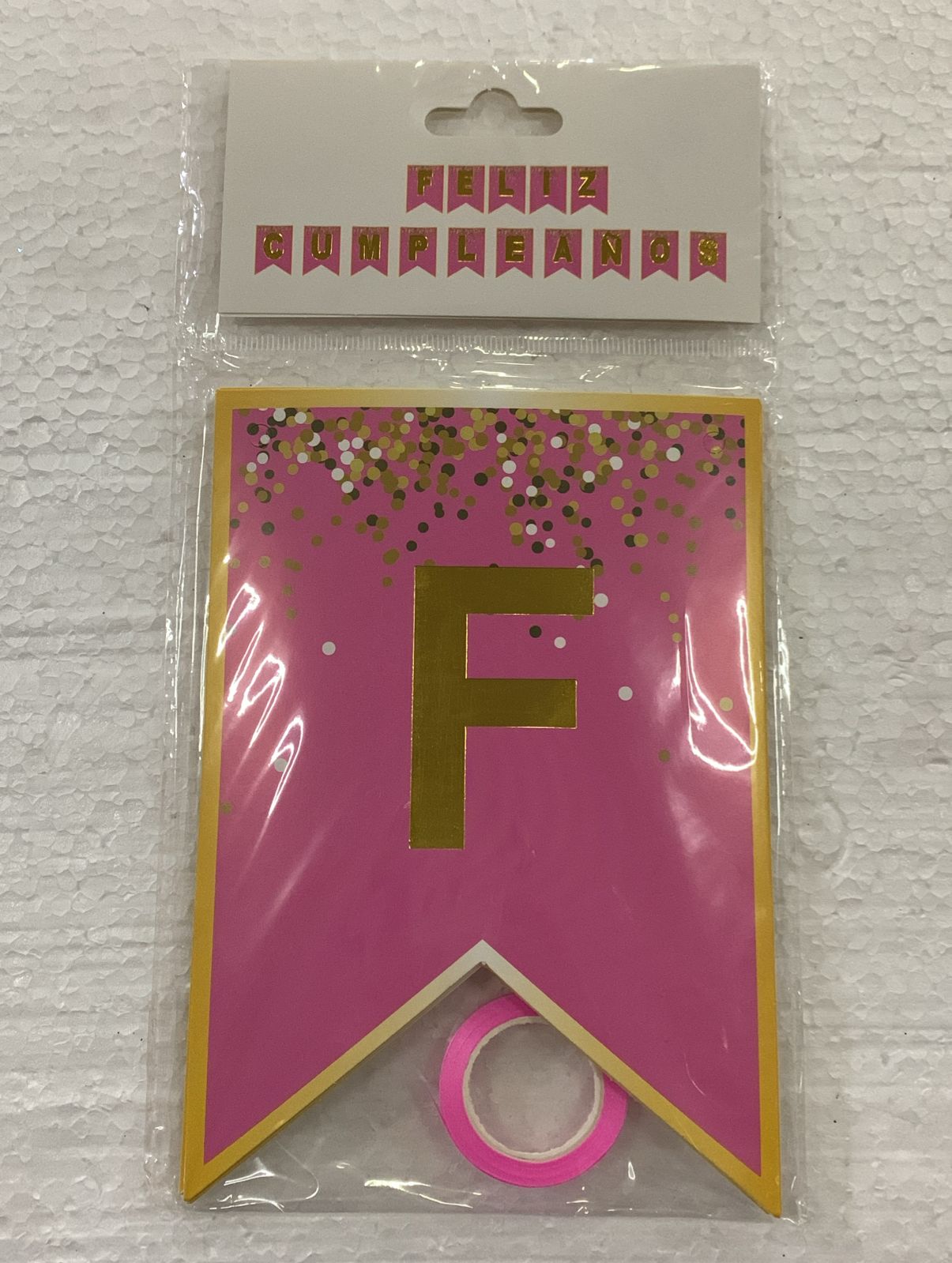 BANDERÍN FELIZ CUMPLEAÑOS ROSA CON PUNTITOS DORADOS