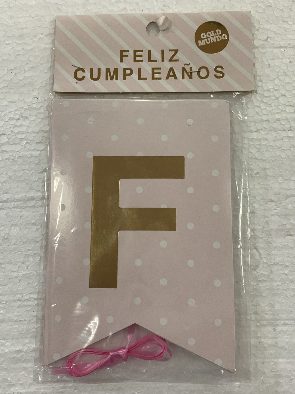 BANDERÍN FELIZ CUMPLEAÑOS PATRONES ROSA PASTEL Y DORADO